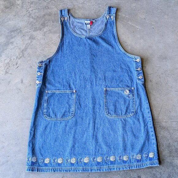 Vintage JL NY Blue Denim Floral Embroidered Pinafore Mini Dress size 2X - Picture 1 of 7